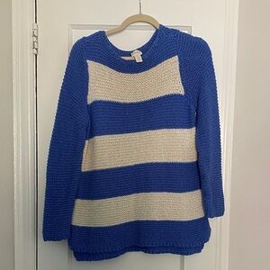 Chico's Blue and Cream Wide-Stripe Crew Sweater